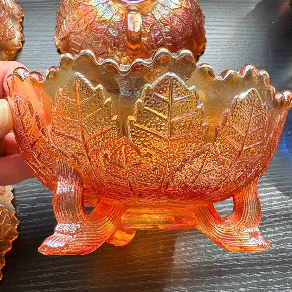 Vtg Lot of 4 Fenton "Leaf Tiers" Bowls Footed Carnival Glass Marigold Berry Bowl - Picture 2 of 9
